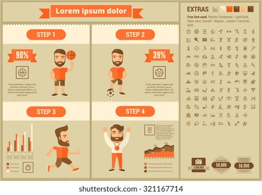 Sports infographic template and elements. The template includes illustrations of hipster men and huge awesome set of thin line icons. Modern minimalistic flat vector design.