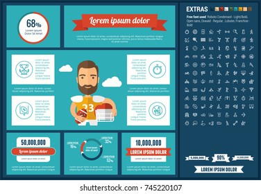 Sports infographic template and elements. The template includes illustrations of hipster men and huge awesome set of thin line icons. Modern minimalistic flat vector design.