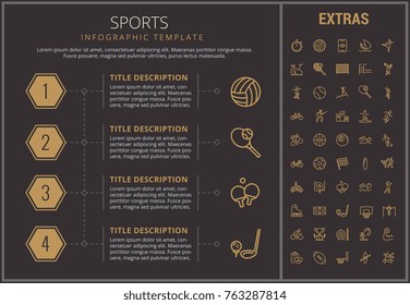 Sports infographic timeline template, elements and icons. Infograph includes numbered options, line icon set with sport equipment, sports field, competitive games, champion pedestal, athlete etc.