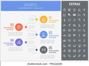 Sportliche Infografik Timeline Vorlage, Elemente und Symbole. Das Infogramm enthält nummerierte Optionen mit Jahren, Line Icon mit Sportausrüstung, Sportplatz, Wettkampfspiele, Champion Podestal etc.