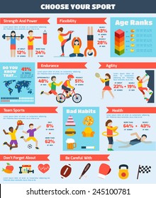 Sports infographics set with people training healthy physical activity charts vector illustration