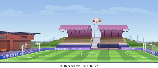 Sports infrastructure, football stadium with stands and benches. Mini-football field with goals and fencing, technical building, lighting equipment, glass canopy. Sports arena, vector cartoon.