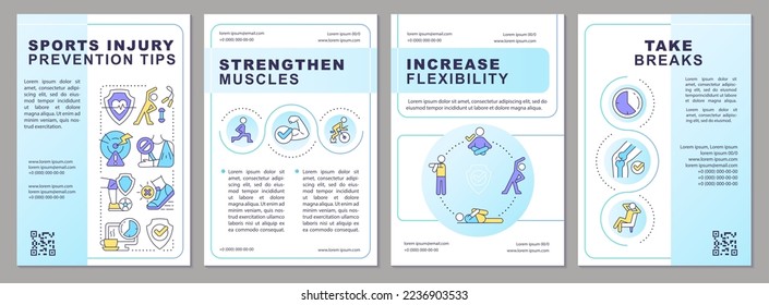 Sports injury avoiding tips brochure template. Reduce athlete risks. Leaflet design with linear icons. Editable 4 vector layouts for presentation, annual reports. Arial, Myriad Pro-Regular fonts used