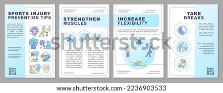 Sports injury avoiding tips brochure template. Reduce athlete risks. Leaflet design with linear icons. Editable 4 vector layouts for presentation, annual reports. Arial, Myriad Pro-Regular fonts used