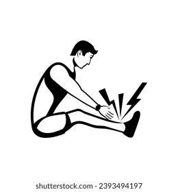 Sports injury, injured ankle. The runner injured their leg. Physical trauma. The athlete, a man sits bent over a tendon stretch. Vector illustration flat design. Isolated on white background. 