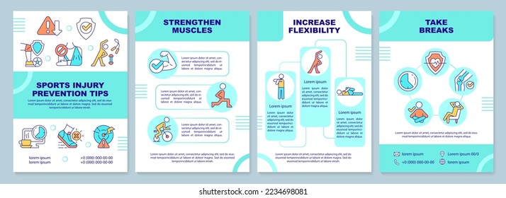 Sports injury prevention tips blue brochure template. Leaflet design with linear icons. Editable 4 vector layouts for presentation, annual reports. Arial-Black, Myriad Pro-Regular fonts used