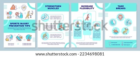 Sports injury prevention tips blue brochure template. Leaflet design with linear icons. Editable 4 vector layouts for presentation, annual reports. Arial-Black, Myriad Pro-Regular fonts used