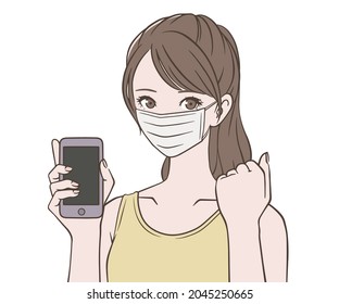A sports instructor holding a smartphone, wearing a mask and doing a guts pose