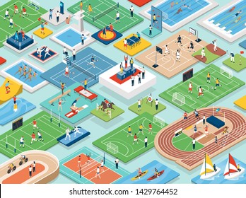 Sports and international competitions: multiethnic professional athletes and teams performing together, isometric people, fields and equipment