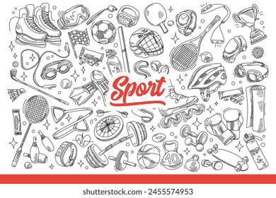 Sports inventory for fitness and physical education for healthy lifestyle. Set of equipment for sports and training in gym to get beautiful muscles or lose weight. Hand drawn doodle