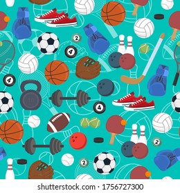 Sports inventory seamless background. Vector illustration with infinitely repeating elements