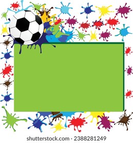Sports invitation with soccer ball and colorful splashes; cool announcement frame for sports clubs; white soccer ball 