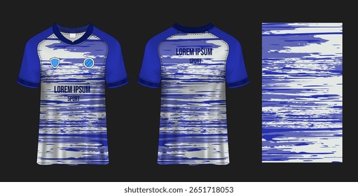 Design de camisola esportiva com um padrão abstrato azul e branco.