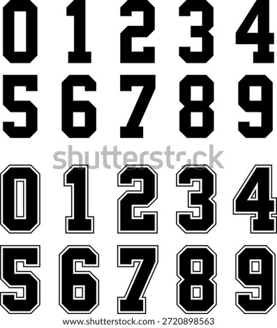 Sports Jersey Numbers 0–9 EPS Vector, Bold Varsity Athletic Number Set in Solid and Outline Style