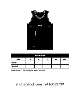 sports jersey Size Chart, sleeveless t-shirt template with a round neck. sports jersey. fashion clothing vector illustration