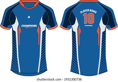 Sports jersey t shirt design concept vector template, Football jersey concept with front and back view for Soccer, Cricket, Volleyball, Rugby, tennis, badminton and active wear uniform.