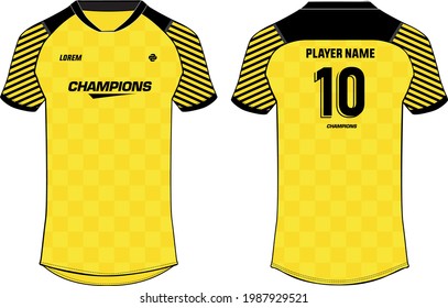Sports jersey t shirt design concept vector template, Checkered Print V neck raglan sleeve Football jersey concept with front and back view for Soccer, Cricket, Volleyball, Rugby, badminton uniforms