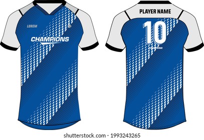 Sports jersey t shirt design concept vector template, V neck raglan sleeve Football jersey concept with front and back view for Soccer, Cricket, Volleyball, Rugby, tennis, badminton uniforms