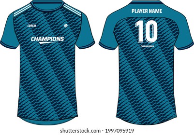 Sports jersey t shirt design concept vector template, geometric halftone printed Round neck football jersey concept with front and back view for Cricket, soccer, Volleyball and badminton uniform