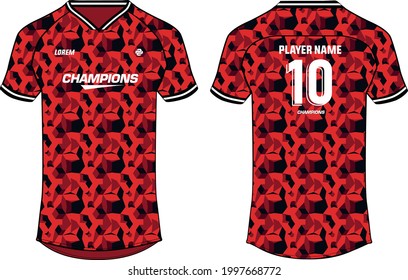 Sports jersey t shirt design concept vector template, geometric printed V neck raglan sleeve Football jersey concept with front and back view for Soccer, Cricket, Volleyball, Rugby, badminton uniform