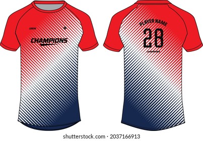 Sports jersey t shirt design concept vector template, Halftone stripe pattern Raglan Round neck tees football jersey concept with front and back view for Cricket, soccer, Volleyball, Rugby uniform