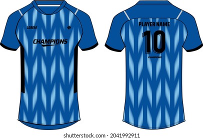 Sports jersey t shirt design vector template, rhombus chevron printed V neck raglan sleeve Football jersey concept with front and back view for Soccer, Cricket, Volleyball, Rugby, badminton uniform