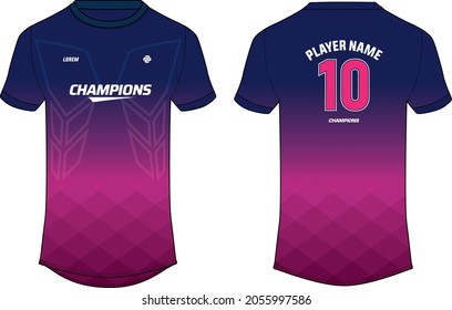 Sports jersey t shirt design concept vector template, Rhombus abstract printed Round neck football jersey concept with front and back view for Cricket, soccer, Volleyball and badminton uniform