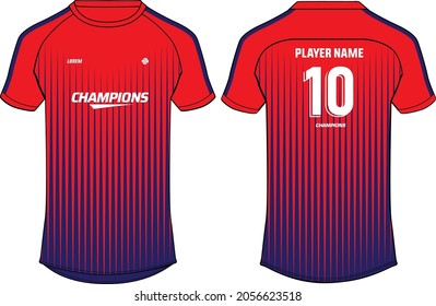 Sports jersey t shirt design concept vector template, Abstract stripe pattern Raglan Round neck tees, football jersey concept with front and back view for Cricket, soccer, Volleyball, Rugby uniform