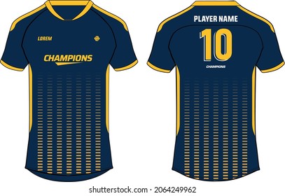 Sports jersey t shirt design concept vector template, geometric Stripe V neck raglan sleeve Football jersey concept with front and back view for Soccer, Cricket, Volleyball, Rugby, badminton uniform