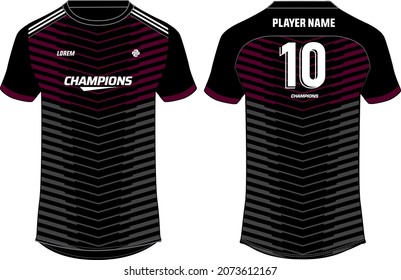 Sports jersey t shirt design concept vector template, abstract chevron printed Round neck football jersey concept with front and back view for Cricket, soccer, Volleyball and badminton uniform