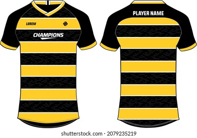 Sports jersey t shirt design concept vector template, Horizontal Stripe V neck raglan sleeve Football jersey concept with front and back view for Soccer, Cricket, Volleyball, Rugby, badminton uniform