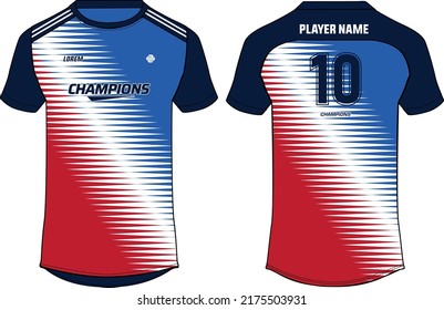Sports jersey t shirt design flat sketch illustration, Wave abstract printed Round neck football jersey concept with front and back view for Cricket, soccer, Volleyball and badminton uniform kit