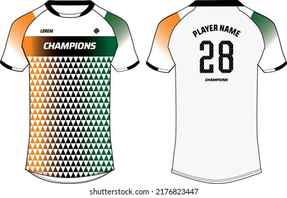 Sports jersey t shirt design flat sketch vector illustration, Abstract pattern Raglan Round neck tees football jersey concept with front and back view for Cricket, soccer, Volleyball, Rugby jersey kit