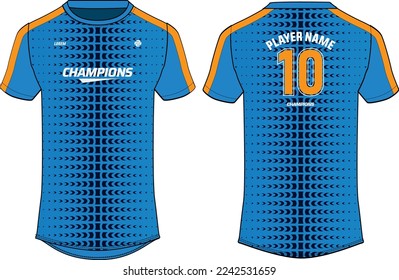 Sports jersey t shirt design flat sketch illustration, Halftone abstract printed Round neck football jersey concept with front and back view for Cricket, soccer, Volleyball and badminton uniform kit