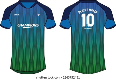 Sports jersey t shirt design flat sketch illustration, Abstract pattern V neck raglan sleeve Football jersey concept with front and back view for Soccer, Cricket, Volleyball, Rugby, badminton uniform
