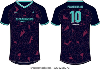 Sports jersey t shirt design flat sketch illustration, Abstract pattern V neck raglan sleeve Football jersey concept with front and back view for Soccer, Cricket, Volleyball, Rugby, badminton uniform