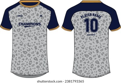 Sports jersey t shirt design flat sketch illustration, Leopard skin printed Round neck football jersey concept with front and back view for Cricket, soccer, Volleyball and badminton uniform kit