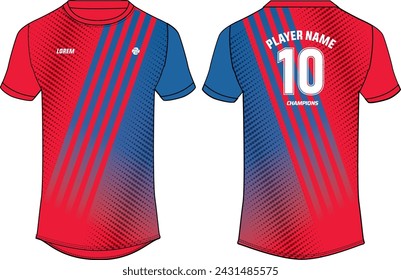 Diseño de camiseta de camiseta deportiva ilustración de boceto plano, estampado de rayas Concepto de camiseta de fútbol de cuello redondo con vista frontal y posterior para kit de uniforme de cricket, fútbol, voleibol y bádminton