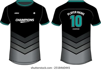 Concepto de diseño de camiseta de jersey deportivo Plantilla de Vector, línea de degradación impresa Concepto de jersey de fútbol de cuello redondo con vista frontal y posterior para juegos, fútbol, voleibol y uniforme de deporte electrónico