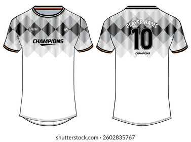 Sports jersey t shirt design flat sketch illustration, Halftone Stripe printed Round neck football jersey concept with front and back view for Cricket, soccer, Volleyball and badminton uniform kit