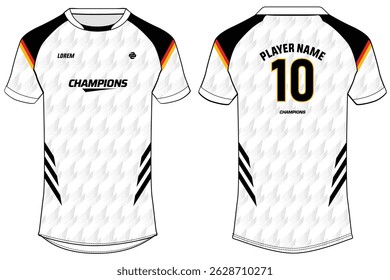 Sports jersey t shirt design concept vector template, German Raglan Round neck football jersey tee concept with front and back view for Cricket, soccer, Volleyball, Rugby uniform