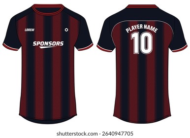 Sports jersey t shirt design concept vector template, degrade line printed Round neck football jersey concept with front and back view for gaming, soccer, Volleyball and e-sport uniform