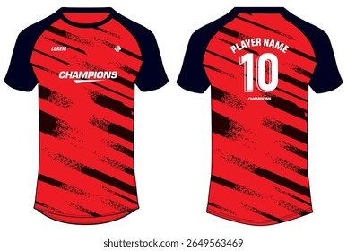 Sports jersey t shirt design flat sketch illustration, Abstract Stripe pattern Raglan Round neck football jersey concept with front and back view for Cricket, soccer, Volleyball, Rugby uniform