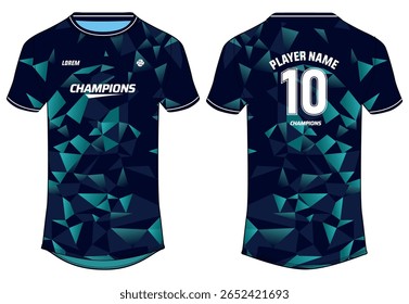 Sports jersey t shirt design flat sketch illustration, Geometric abstract printed Round neck football jersey concept with front and back view for Cricket, soccer, Volleyball and badminton uniform kit