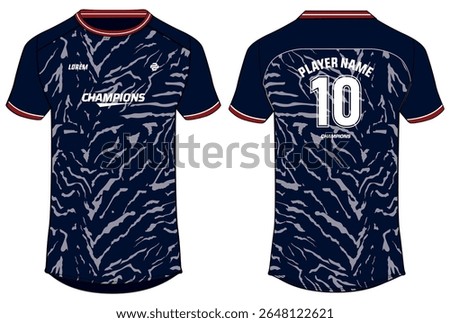 Sports jersey t shirt design flat sketch illustration, Tiger skin printed Round neck football jersey concept with front and back view for Cricket, soccer, Volleyball and badminton uniform kit