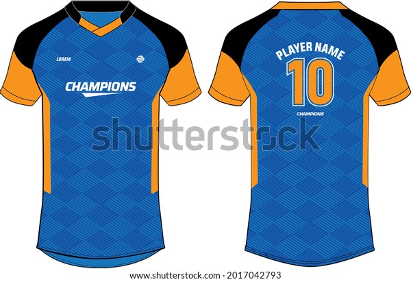 Sports jersey t shirt design concept vector\
template, Geometric pattern V neck raglan sleeve Football jersey\
concept with front and back view for Soccer, Cricket, Volleyball,\
Rugby, badminton\
uniform