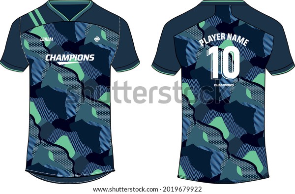 Sports jersey t shirt design concept vector\
template, Abstract camouflage v neck football jersey concept with\
front and back view for Cricket, soccer, Volleyball, Rugby, tennis\
and badminton uniform