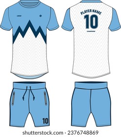 Sports jersey t shirt and shorts kit design flat sketch illustration, chevron printed Round neck football jersey concept with front and back view for Cricket, soccer, Volleyball and uniform kit