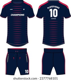 Sports jersey t shirt and shorts kit design flat sketch illustration, Stripe printed Round neck football jersey concept with front and back view for Cricket, soccer, Volleyball and uniform kit