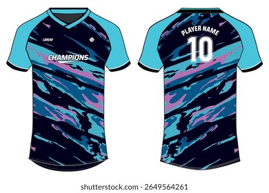Sports jersey t shirt and shorts kit design flat sketch illustration, Grunge texture V neck raglan sleeve Football jersey kit concept with front and back view for Soccer, Cricket, Volleyball uniform